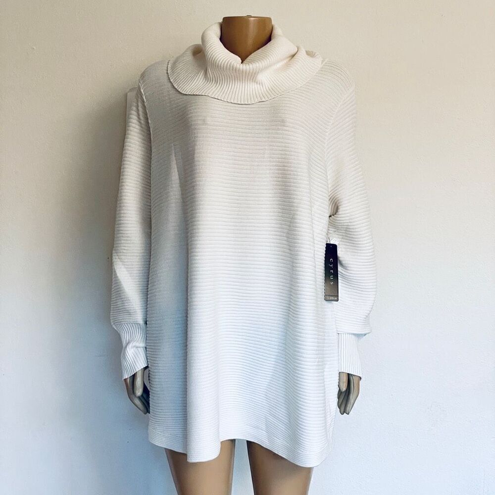NWT Gorgeous Cyrus 2X Plus Size White Off Cowl Neck Ribbed Long Pullover Sweater